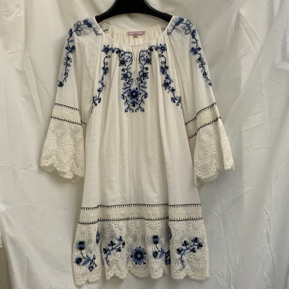 Calypso St. Bart Swimsuit Cover-Up Dress with Lace and Blue Embroidery